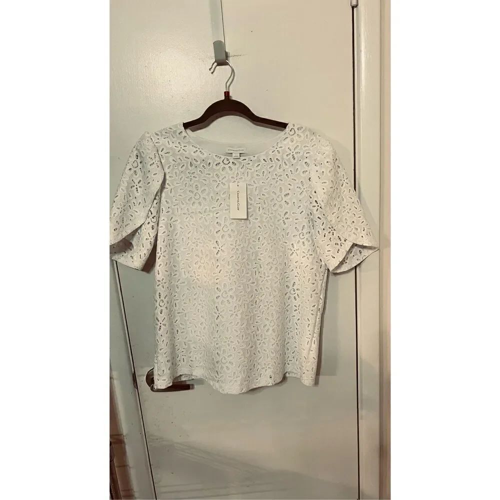 Charter Club Womens White Lace Short Sleeve Blouse Top New Size L